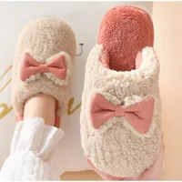 Pantoufles arc nœud femmes 2021 hiver chaud laine en peluche maison femme chaussures anti-slip salon décontracté femme moelleuse