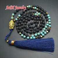 5 pcs de alta qualidade artesanal 6 mm howlite cadeia azul borla preto com ouro guanyin pingente moda camisola colar colares