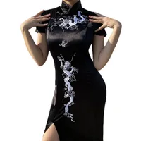 Mini vestido rétrô gótico, sexy, mince, qipao, harajuku, uku, festa, veludo, estilo chinês, Bordado, cheongsam