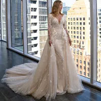 Deep V Neck Long Sleeves Lace Mermaid Wedding Dresses with Detachable Train Appliqued Tulle Bridal Gowns Vestidos De Novia