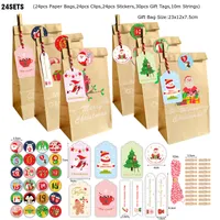 24 Sets Gift Wrap Christmas Kraft Paper Bag Santa Claus New Year Party Present Pakcaging Handle Bags Child Favors Cookies Snack Decoration