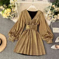 Spring Autumn Women Deep V-neck Lantern Sleeve Bring Silk Fairy Dress Female Elegant Lace-up A-line Dresses 210421