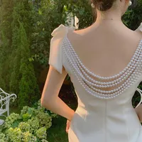 Casual Dresses French Style Pearl Beading Backless Dress Women V-neck Bow Sleeveless Wedding Party