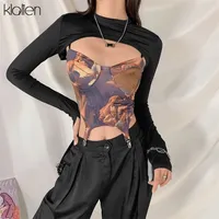 Klalien 패션 프린트 긴 소매 여성 티셔츠 봄 높은 거리 캐주얼 간단한 하라주쿠 탑 여성 슬림 얇은 미학 티 220312였습니다