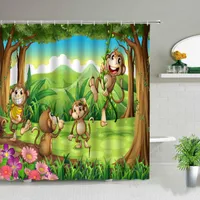 دش الستائر لطيف القرد الغابة ستارة مجموعة الكرتون الاستوائية مضحك جميل الحيوان تحت عنوان ماء الحمام ديكور مع السنانير