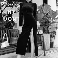 Casual sukienki Fitshinling Gothic Chinese Długie Cheongsam Vintage Velvet Sukienka Sukienka Suknia 2021 Wiosna Vestidos Rękaw Grunge Kobiety