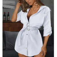 Femmes de style de style décontracté robe d'été Solide Bureau Lady Fashion Buttons minces mini-vestidos avec ceinture plus taille blanche noire kaki robes