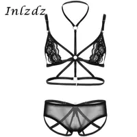 2st Mens Sissy Se genom Sheer Lace Lingerie Set Halter Neck Crossed Front Bh Top With Low Rise Open Bug-String Briefs1