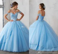 2021 светлое небо голубое шариковое платье Quinceanera платья крышки рукава спагетти бисером кристалл принцессы вечеринка для принцессы для сладких 16 девушек