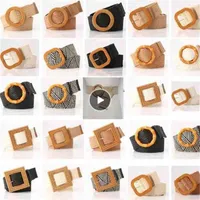 2021 low price wholesale Fashion Round Square Wooden Buckle Dress Belt For Women Casual Braided Wide Strap Woven Elastic PP Straw Belts Decoration Gift