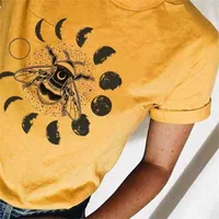 Phases de la lune Bee T-shirt Femmes Vintage Mode Boho Style T-shirts Cause Cause Mignonne Sleeve Tee Mesdames Top 210512
