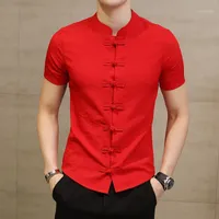 Chemises occasionnelles pour hommes Camisa de Cuello Chino Para Hombres Slim Fit Fit Rana Botn Uomo Moda Corana Manga Corta Verano Elegante Rojo Negro