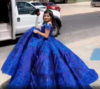 Royal Blue Satin Charro Quinceanera Klänningar Cupcake Ball Gowns Prom 2021 Off The Shoulder Lace Crystal Mexican Sweet 16 Dress Vestidos DE