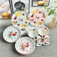 Céramique de vaisselle costume dessin animé animal style plate tasses et soucoupes bol de riz pour enfants utilisent des ensembles de salle à manger Vaisselle de cirque