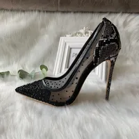 Designer lady klänning skor klackar mode kvinnor sko svart kristall mesh punkt tå hög sandaler röd botten brud bröllop pumpar 12 cm 10 cm 8 cm stor storlek 35-45