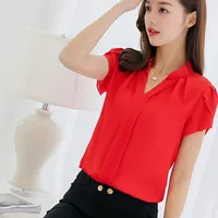 Plus Size Bluzka Kobiety Lato Z Krótkim Rękawem Bluzki Czerwone Biuro Damska Szyfonowa Koszula Elegancka Pracy Top Dorywczo Odzież Kobiet