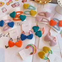5Set Lot New Korea Winter Plush Heart Elastic Hair Rope Candy Color BB Clips Pony Tail Holder Hairpins Girls Barrettes Hairgrip