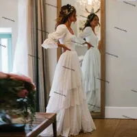 Rustic Boho Wedding Dresses Vintage Bohemian Lace chiffon Bride Gowns Lantern Sleeves country Tiered Princess Wedding Gowns