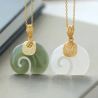 Vintage White Hetian Jade Sapphire Elephant Pendant Lady Necklace Stainless Steel 18k Gold Plated Chain Jewelry for Women 497 Z2