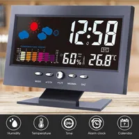 LCD 컬러 스크린 디지털 백라이트 스누즈 알람 시계 일기 예보 역 실내 온도 습도 시간 날짜 표시 시계 Alarts
