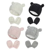 Designer Newborn Baby Knitted Acrylic Beanies And Full Finger Gloves 2PCS Set Toddler Kids Winter Warm Hat Yarn Thick Snow Cap Gorra Black White Grey Pink Solid Colors