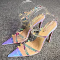Prawdziwe zdjęcia Damskie Stiletto High Heel Sandals Wielokolorowe PCV Skóra Sexy Party Prom Summe Buty Wskazał-Toe Evening Fashion Shoes D464