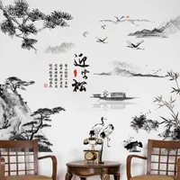 Wall Stickers Chinese Style Ink Painting Landscape Sticker Pine Tree Boat Home Decor Art PVC Wallpaper Bamboo Mountain Decals