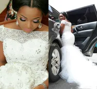 Arabic Nigerian Plus Size Wedding Dress Beading Tiered Short Sleeves Long Chapel Train Mermaid Bridal Gowns Custom Wedding Party Wear