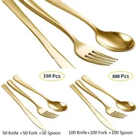 75-300pcs Disposable Wedding Plastic Gold Tableware Set Dessert Fork Ice Cream Spoon Knife Party Dinnerware Golden Flatware X0703