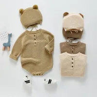 ロンパース生まれた幼児の赤ちゃん男の子女の子ニット長袖ロンパー+毛皮の球の帽子衣装綿の固体幼児のセータージャンプスーツの服