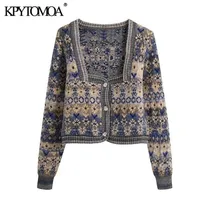 KPYTOMOA Kadınlar Moda Jakarlı Kırpılmış Örme Hırka Kazak Vintage Uzun Kollu Button-Up Kadın Giyim Şık Tops 211103