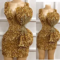 Sparkle Gold Cocktail Robes Femme Party Night Sequine Sexy V Cou Plus Taille Taille Taille Taille Taille Robes de bal Courtes Vestidos de Fiesta