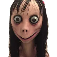 Furchtsame Momo-Maske Hacking-Spiel-Horror-Latex-Maske Vollkopf Momo-Maske großes Auge mit langen Perücken T200116