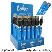30pcs / lot Cookies Battery 900mAh Voltaje Baterías de baterías Variable Pluma con cargador USB FIT 510 Vaporizador Pantalla de cartucho mostrado Embalaje
