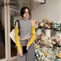 Women&#039;s Sweaters RANMO Women Chic Hollow Out Off Shoulder Pullovers Patchwork Contrast Color Jumper Half Turtleneck Cropped Weater Tops