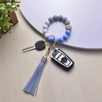 Beaded, Strands Silicone Keychain For Keys Tassel Wood Beads Bracelet Keyring Women