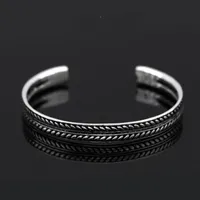 Vintage 925 Sterling Silver Handmade Feather Leaves Twisted Thai Silver Cuff Bracelets & Bangles Pulseras 210507