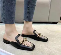 stylishbox ~ y21051202 black/beige sandals see through lace slidesgold buckle summer square toe mules shoes casual