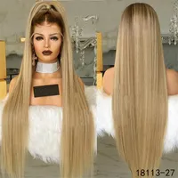 12 ~ 26 inç Düz Sentetik Dantel Ön Peruk Simülasyon İnsan Saç Peruk Ombre Renk Perruques De Cheveux Huminları Pelucas 18113-27