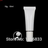 Coperchio bianco della bottiglia morbida di plastica 10G 10 ml con anello in argento, crema cosmetica o tubo di imballaggio del gel, imballaggio medico, 100pc / lothigh qty