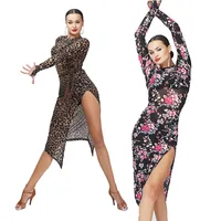 Ücretsiz Shippping Yetişkin / Kızlar Latin Dans Elbise Leopar Çiçek Baskı Uzun Kollu Bölünmüş Salsa Tango Cha Cha Balo Salonu Yarışması Dans Elbise