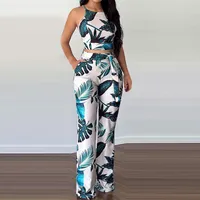 Yaz Palmiye Yaprak Baskılı Seksi Sling Üst Uzun Pantolon Kemer Kadınlar Ile 2 Peice Seti S-XL 210521