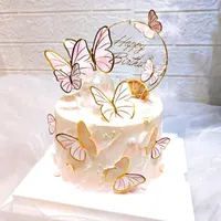Other Festive & Party Supplies Purple Pink Butterfly Cake Topper Brithday Decor Stereoscopic Iron Wire Bronzing Gold Rim Toppers Girl Baby S