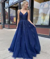 Navy Blue Prom Dresses Long Spaghetti Strap Lace up Back A Line Appliques Formal Women Evening Gown vestido de fiesta