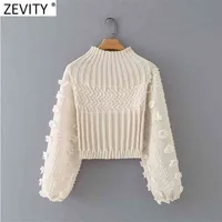 Zeveity женщины мода аппликации шифон рукав фонарик лоскутное короткое вязальное свитер дамы шикарные пуловеры топы S631 210823