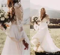 Bohemian Country Wedding Dresses With Sheer Long Sleeves Bateau Neck A Line Lace Applique Chiffon Boho Bridal Gowns