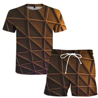 メンズTシャツ2021夏カジュアル3DプリントTシャツセットストライプ抽象と女性の半袖Oネックヒップホップ+ショーツサイズ