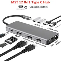 Typ C Dockningsstation MST MULTI HUB Dual RJ45 VGA USB3.0 Audio Adapter för MacBook Pro / Air Thunderbolt 3 Dock