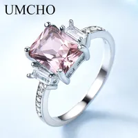 Umcho Solid Sterling Silver Cushion Morganite Gemstone Rings per le donne Banda di Anniversario di fidanzamento Set di regali di San Valentino