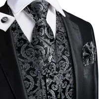 Erkek Yelekler Hi-Kravat Lüks Siyah Paisely Takım Elbise Için Ipek Kravat Cep Kare Kol Düğmeleri Set Klasik Parti Düğün Yelek